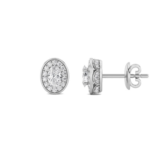 1CTW Oval Shaped Lab Grown Diamond (F/VS) Halo Stud Earrings in 14K Gold