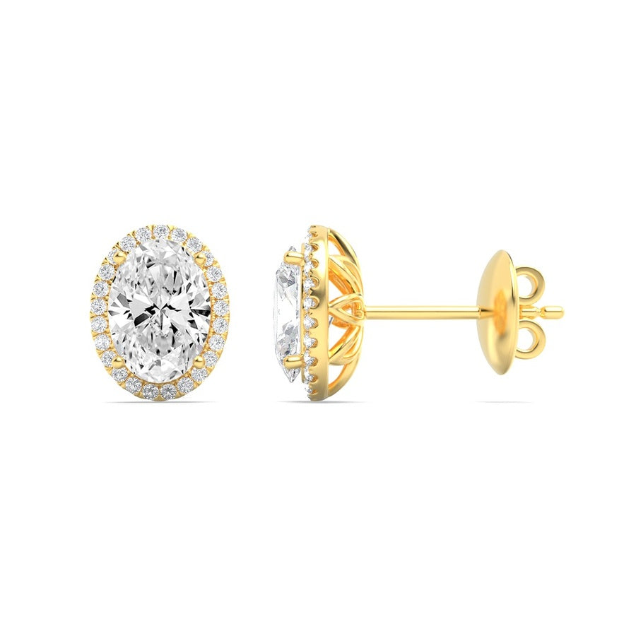3CTW Oval Shaped Lab Grown Diamond (F/VS) Halo Stud Earrings in 14K Gold