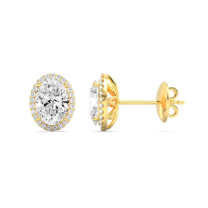3CTW Oval Shaped Lab Grown Diamond (F/VS) Halo Stud Earrings in 14K Gold