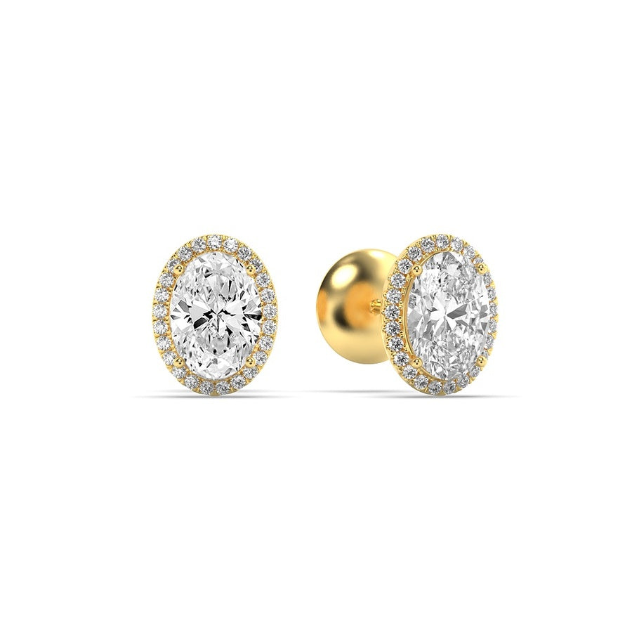 3CTW Oval Shaped Lab Grown Diamond (F/VS) Halo Stud Earrings in 14K Gold