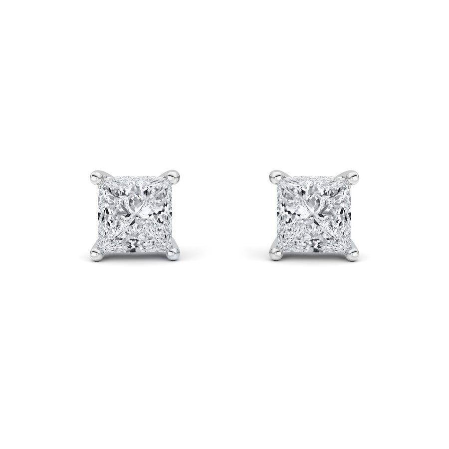 2CTW Princess Shaped Lab Grown Diamond (F/VS) Hidden Halo Stud Earrings in 14K Gold