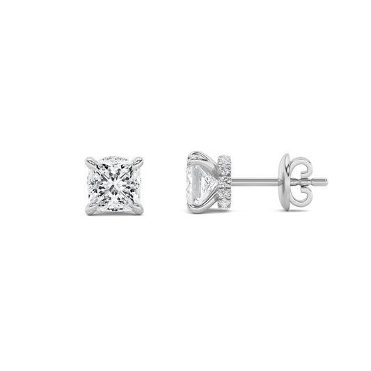 5CTW Princess Shaped Lab Grown Diamond (F/VS) Hidden Halo Stud Earrings in 14K Gold