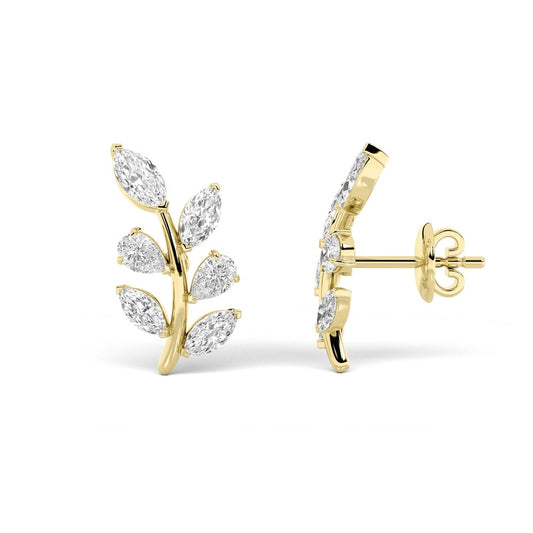 2CTW Marquise Shaped Lab Grown Diamond (G/VS) Leaf Motif Fashion Earrings in 14K Gold