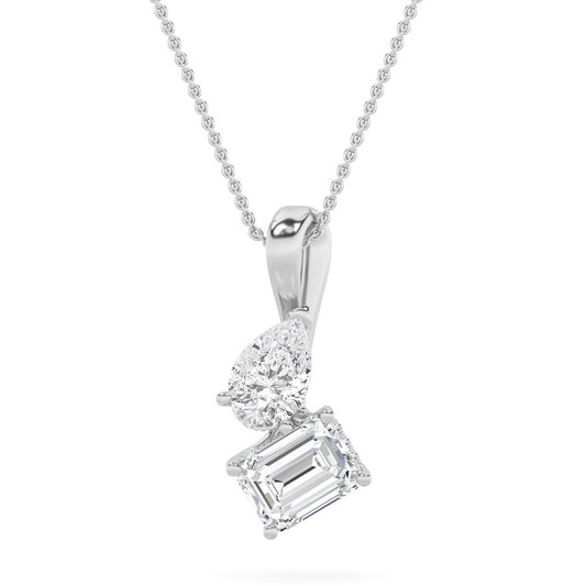 3CTW Emerald Shaped Lab Grown Diamond (F/VS) Toi et Moi Pendant in 14K Gold