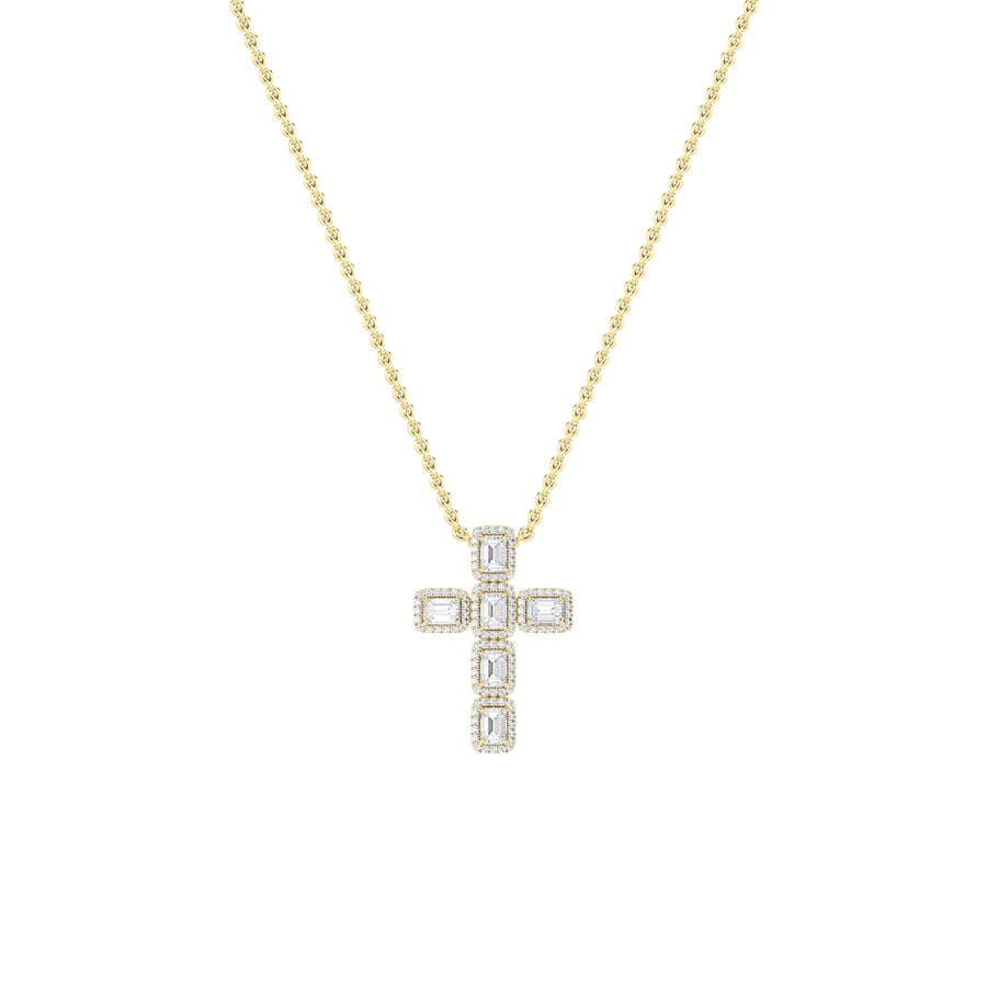 3CTW Emerald Shaped Lab Grown Diamond (F/VS) Cross Pendant in 14K Gold