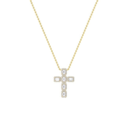 3CTW Emerald Shaped Lab Grown Diamond (F/VS) Cross Pendant in 14K Gold