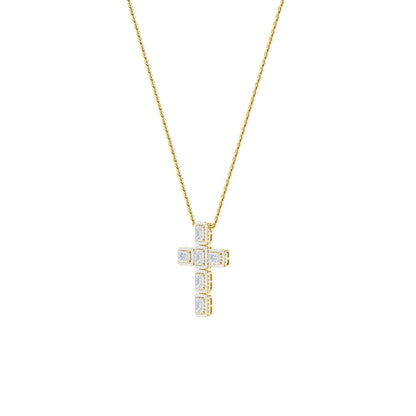 3CTW Emerald Shaped Lab Grown Diamond (F/VS) Cross Pendant in 14K Gold