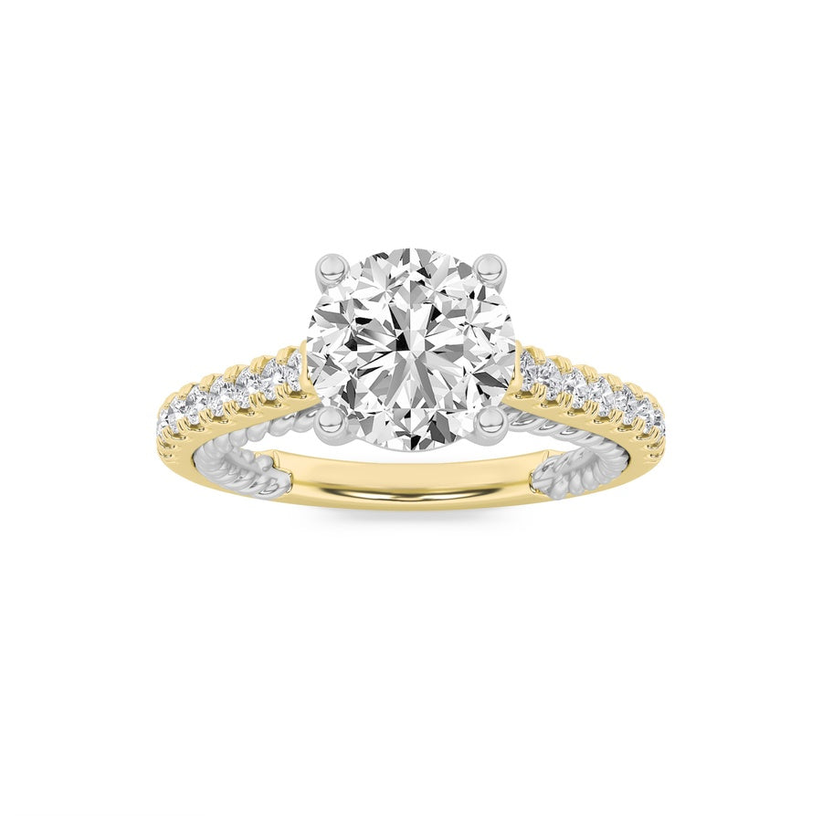 2CTW Round Shaped Lab Grown Diamond (F/VS) Two Tone Accented Rope Design Engagement Ring in 14K Gold