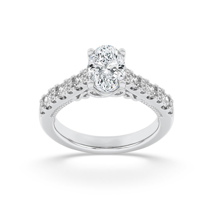 2CTW Oval Shaped Lab Grown Diamond (F/VS) Accented Milgrain Engagement Ring in 14K Gold