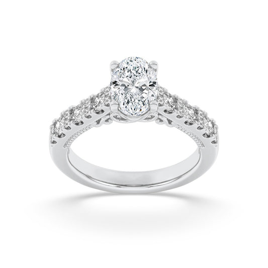 2CTW Oval Shaped Lab Grown Diamond (F/VS) Accented Milgrain Engagement Ring in 14K Gold