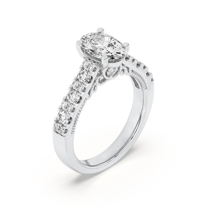 2CTW Oval Shaped Lab Grown Diamond (F/VS) Accented Milgrain Engagement Ring in 14K Gold