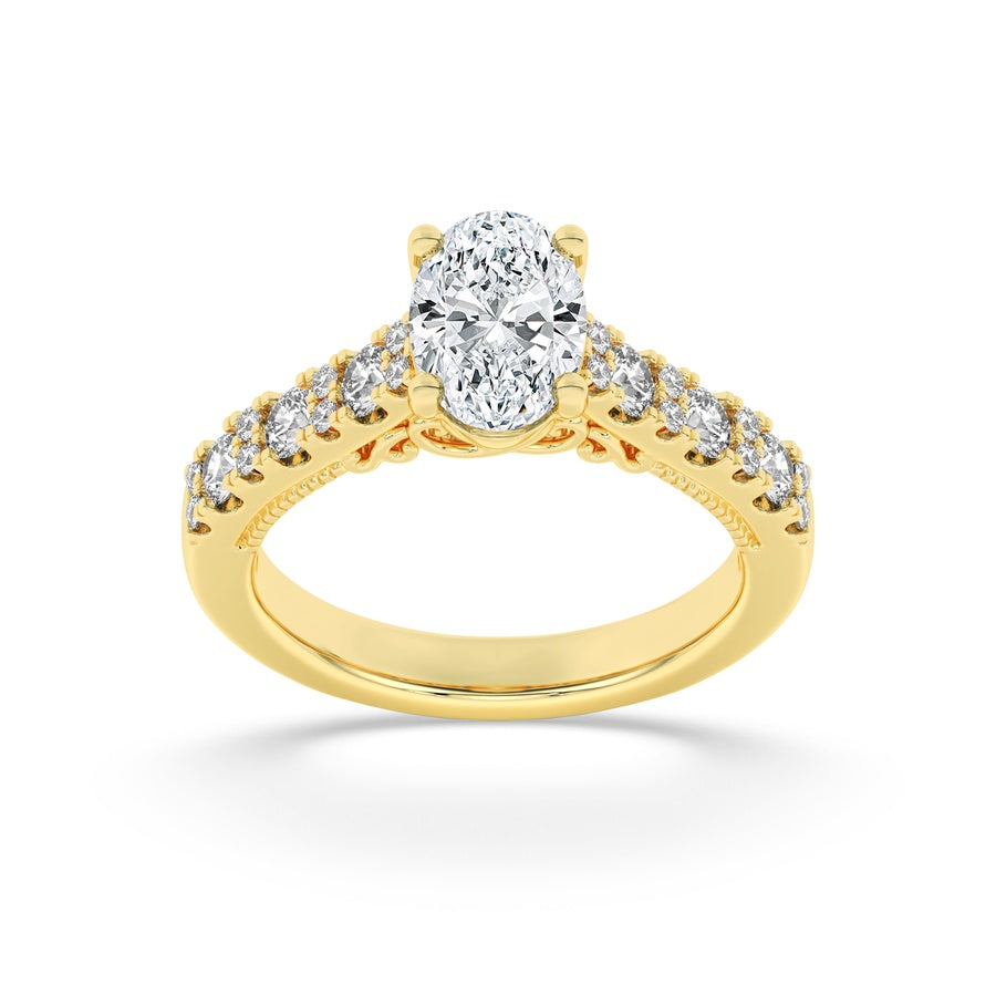 2CTW Oval Shaped Lab Grown Diamond (F/VS) Accented Milgrain Engagement Ring in 14K Gold