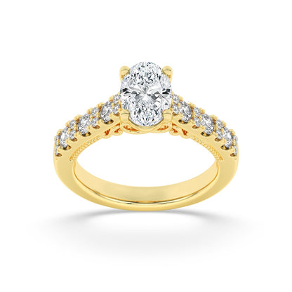 2CTW Oval Shaped Lab Grown Diamond (F/VS) Accented Milgrain Engagement Ring in 14K Gold