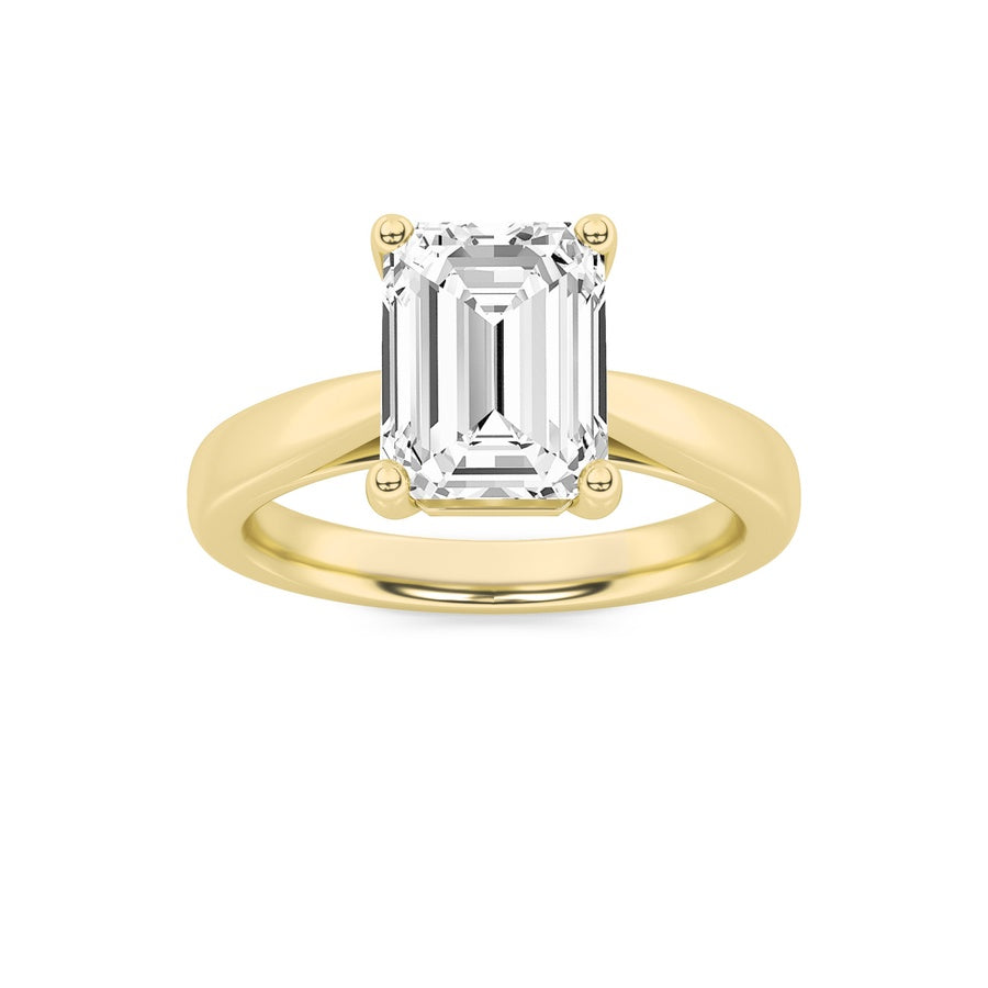 2CTW Emerald Shaped Lab Grown Diamond (F/VS) Plain Cathedral Trellis Shank Solitaire Engagement Ring in 14K Gold