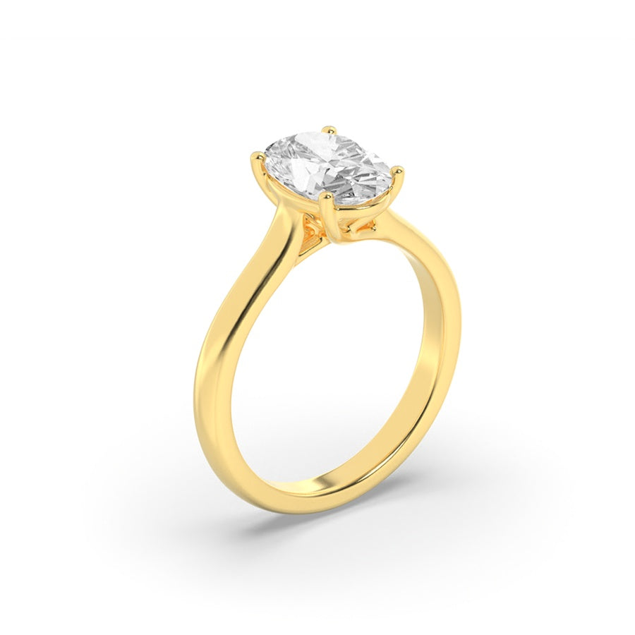 2CTW Oval Shaped Lab Grown Diamond (F/VS) Plain Cathedral Trellis Shank Solitaire Engagement Ring in 14K Gold