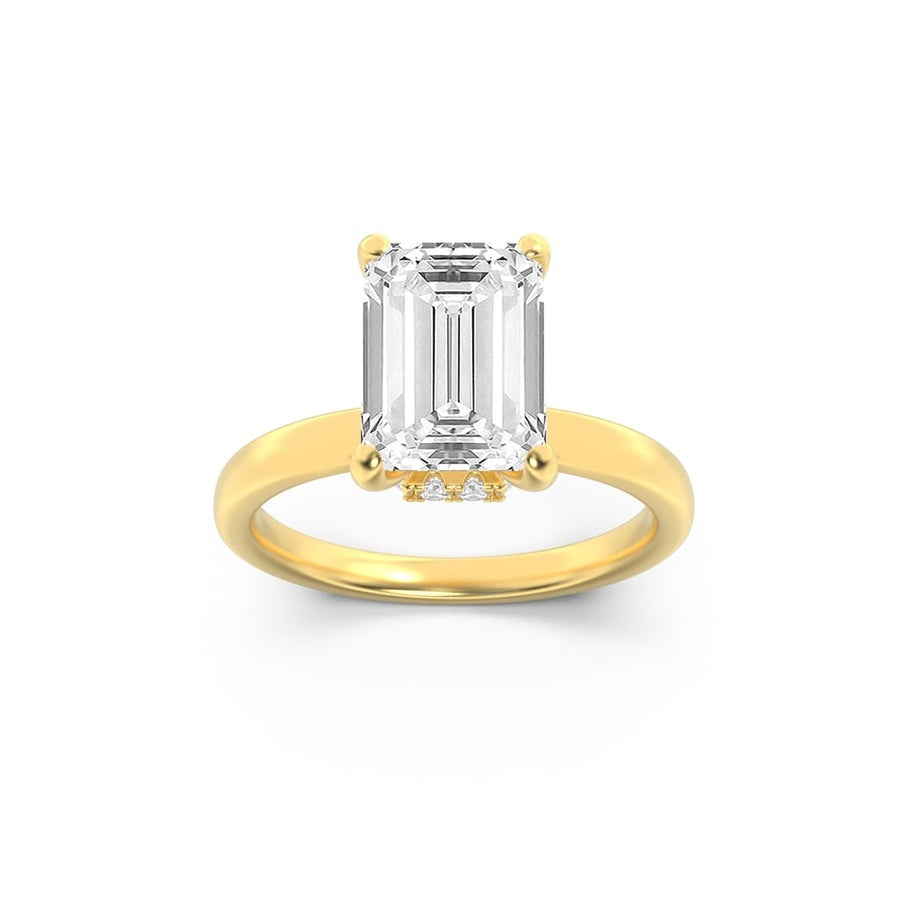 2CTW Emerald Shaped Lab Grown Diamond (F/VS) Hidden Halo Plain Shank Engagement Ring in 14K Gold