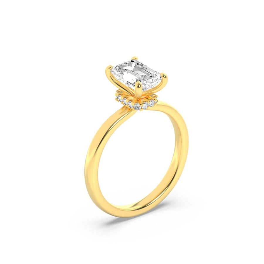 2CTW Emerald Shaped Lab Grown Diamond (F/VS) Hidden Halo Plain Shank Engagement Ring in 14K Gold