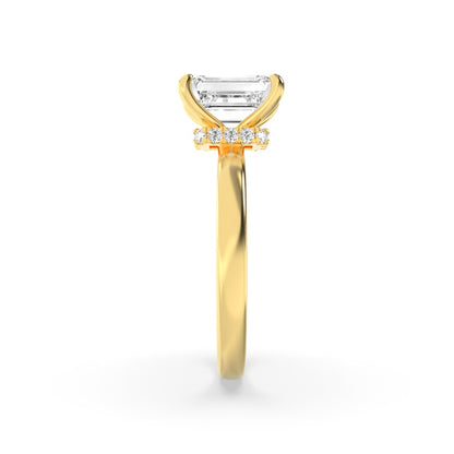 2CTW Emerald Shaped Lab Grown Diamond (F/VS) Hidden Halo Plain Shank Engagement Ring in 14K Gold