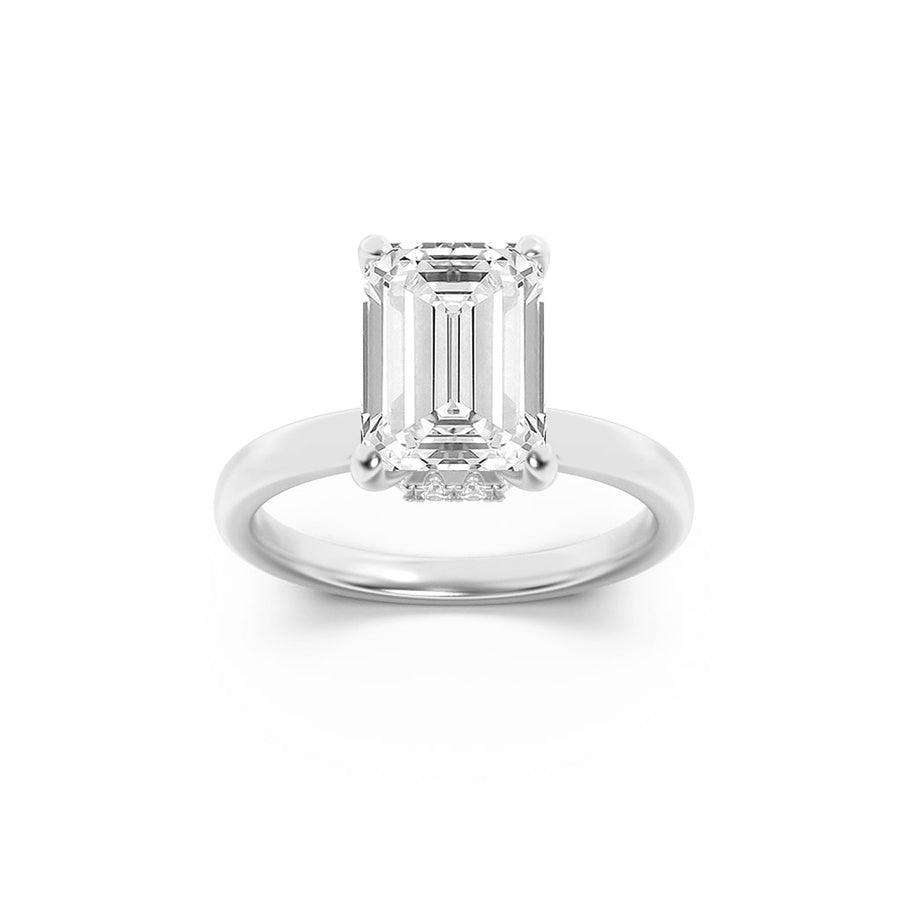 3CTW Emerald Shaped Lab Grown Diamond (F/VS) Hidden Halo Plain Shank Engagement Ring in 14K Gold