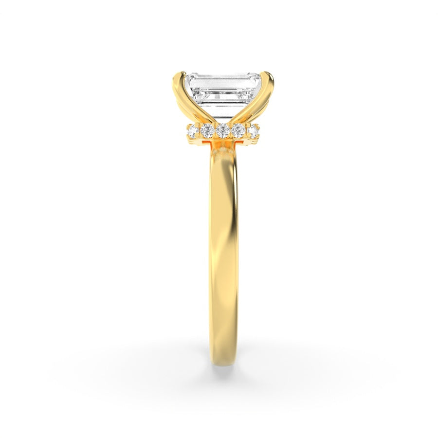 3CTW Emerald Shaped Lab Grown Diamond (F/VS) Hidden Halo Plain Shank Engagement Ring in 14K Gold