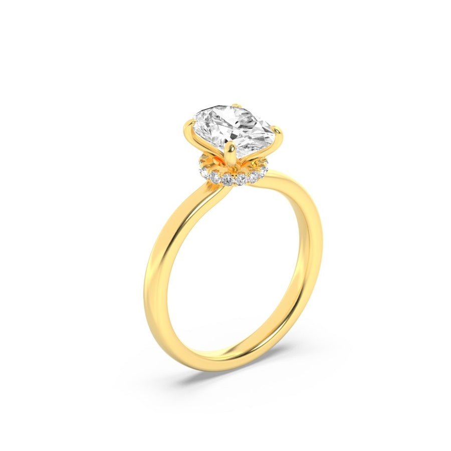 3CTW Oval Shaped Lab Grown Diamond (F/VS) Hidden Halo Plain Shank Engagement Ring in 14K Gold
