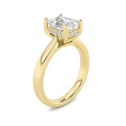2CTW Emerald Shaped Lab Grown Diamond (F/VS) Hidden Halo Cathedral Shank Engagement Ring in 14K Gold