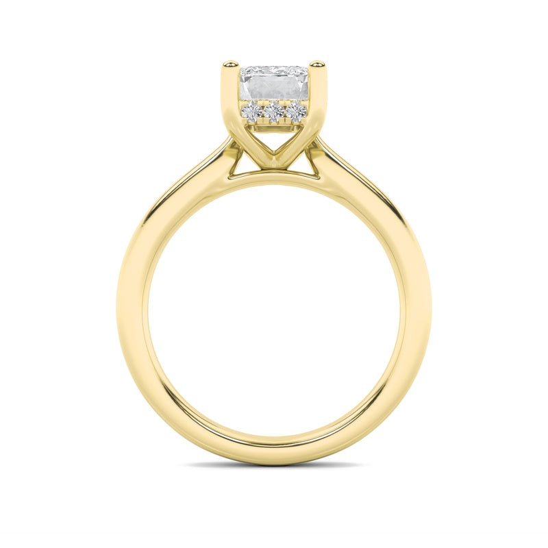 2CTW Emerald Shaped Lab Grown Diamond (F/VS) Hidden Halo Cathedral Shank Engagement Ring in 14K Gold
