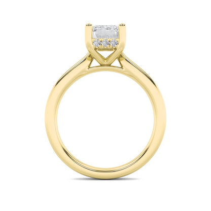 2CTW Emerald Shaped Lab Grown Diamond (F/VS) Hidden Halo Cathedral Shank Engagement Ring in 14K Gold