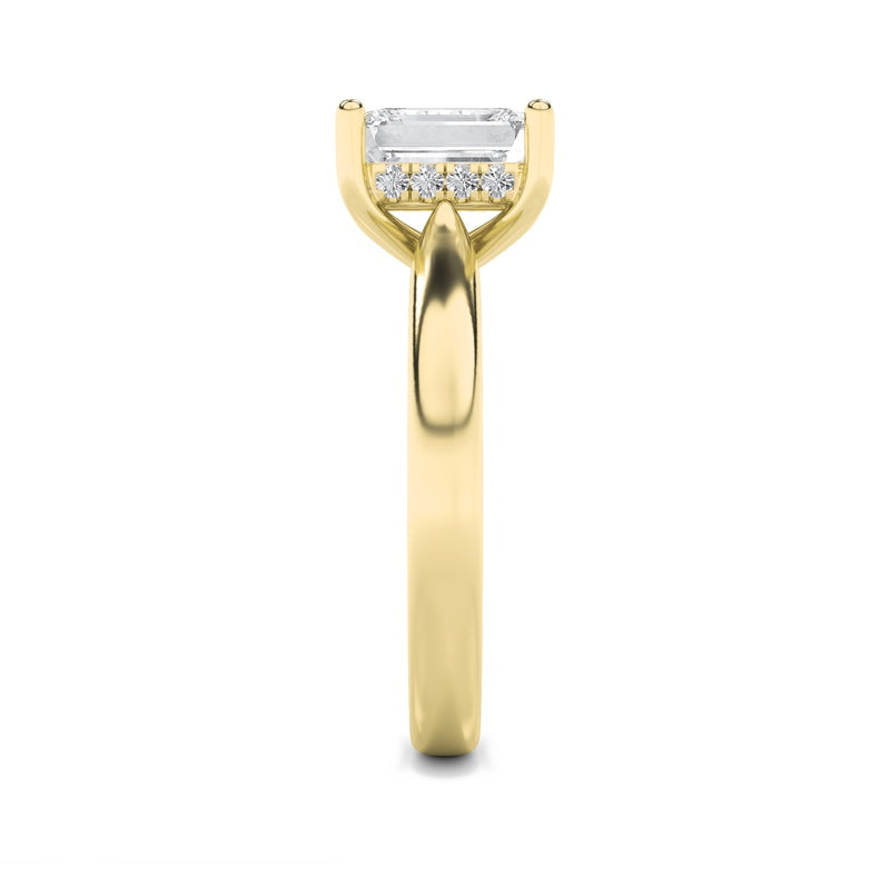 2CTW Emerald Shaped Lab Grown Diamond (F/VS) Hidden Halo Cathedral Shank Engagement Ring in 14K Gold