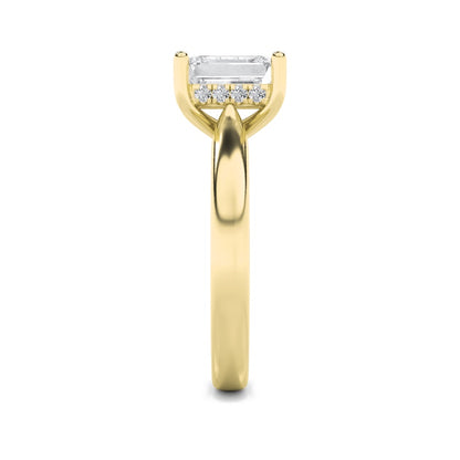 2CTW Emerald Shaped Lab Grown Diamond (F/VS) Hidden Halo Cathedral Shank Engagement Ring in 14K Gold