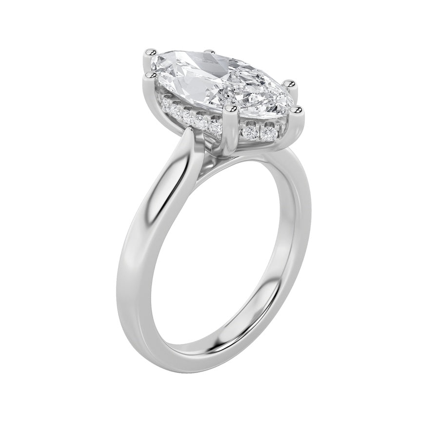 2CTW Marquise Shaped Lab Grown Diamond (F/VS) Hidden Halo Cathedral Shank Engagement Ring in 14K Gold