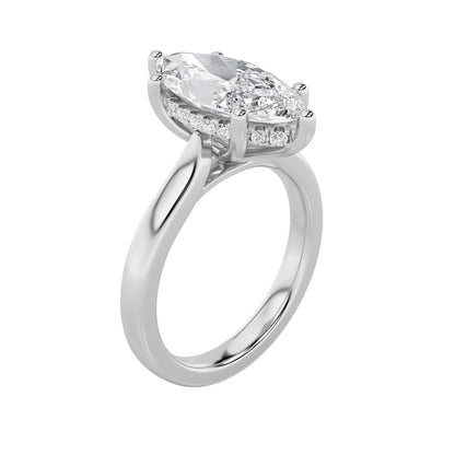 2CTW Marquise Shaped Lab Grown Diamond (F/VS) Hidden Halo Cathedral Shank Engagement Ring in 14K Gold