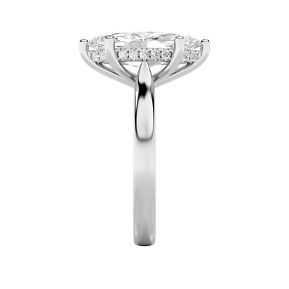 2CTW Marquise Shaped Lab Grown Diamond (F/VS) Hidden Halo Cathedral Shank Engagement Ring in 14K Gold