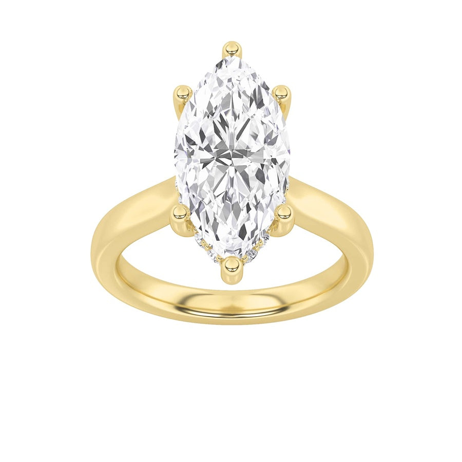 2CTW Marquise Shaped Lab Grown Diamond (F/VS) Hidden Halo Cathedral Shank Engagement Ring in 14K Gold