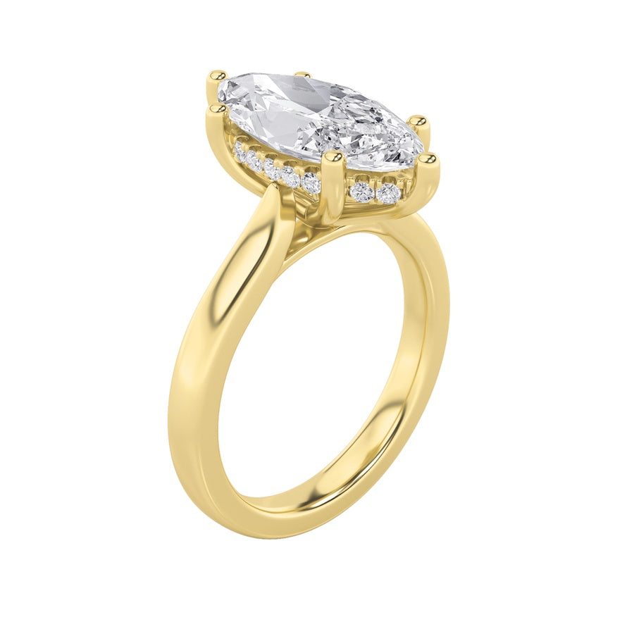 2CTW Marquise Shaped Lab Grown Diamond (F/VS) Hidden Halo Cathedral Shank Engagement Ring in 14K Gold