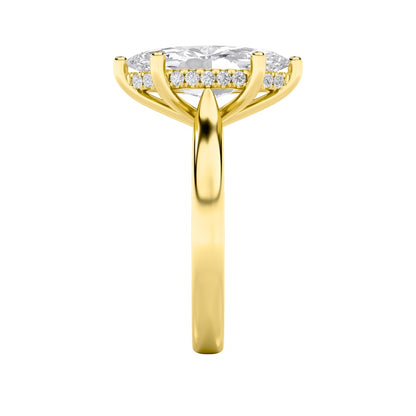 2CTW Marquise Shaped Lab Grown Diamond (F/VS) Hidden Halo Cathedral Shank Engagement Ring in 14K Gold