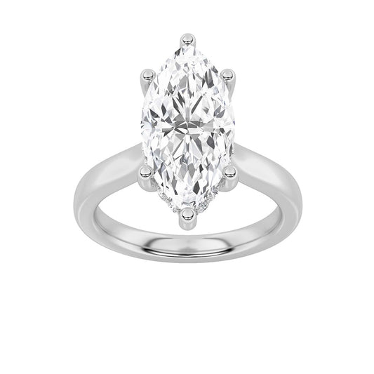 3CTW Marquise Shaped Lab Grown Diamond (F/VS) Hidden Halo Cathedral Shank Engagement Ring in 14K Gold