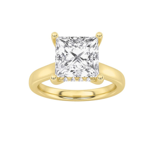 3CTW Princess Shaped Lab Grown Diamond (F/VS) Hidden Halo Cathedral Shank Engagement Ring in 14K Gold
