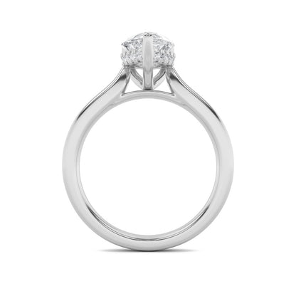 1CTW Pear Shaped Lab Grown Diamond (F/VS) Hidden Halo Cathedral Shank Engagement Ring in 14K Gold
