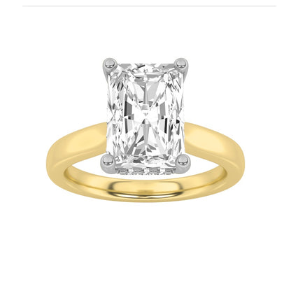 3CTW Radiant Shaped Lab Grown Diamond (F/VVS) Hidden Halo Cathedral Shank Engagement Ring in 14K Gold