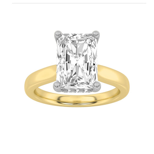 3CTW Radiant Shaped Lab Grown Diamond (F/VVS) Hidden Halo Cathedral Shank Engagement Ring in 14K Gold