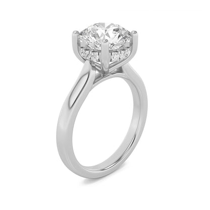 3CTW Round Shaped Lab Grown Diamond (F/VS) Hidden Halo Cathedral Shank Engagement Ring in 14K Gold