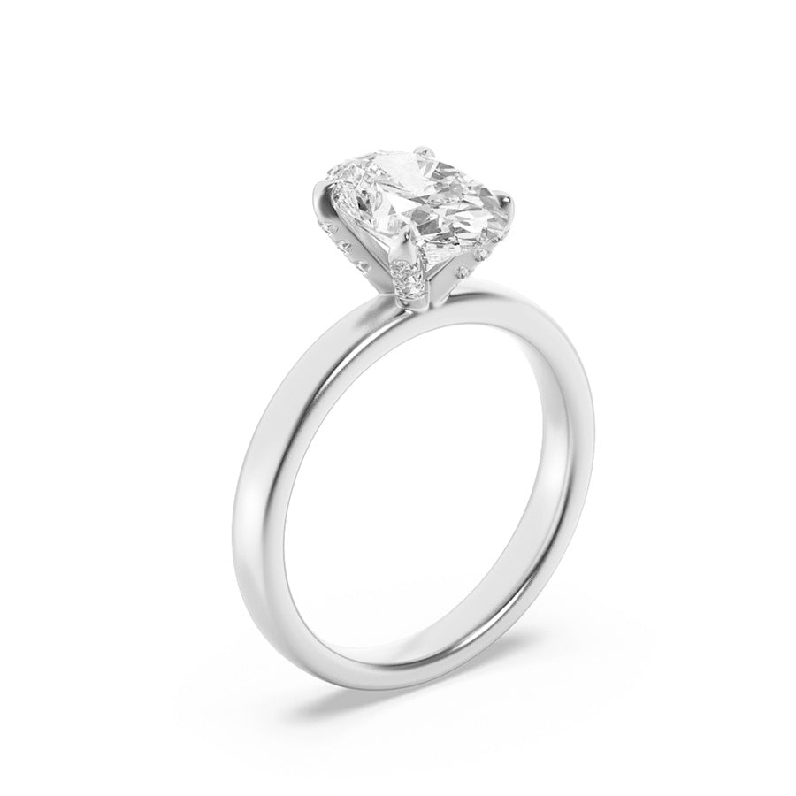 2CTW Oval Shaped Lab Grown Diamond (F/VS) Hidden Halo Petite Shank Ring in 14K Gold