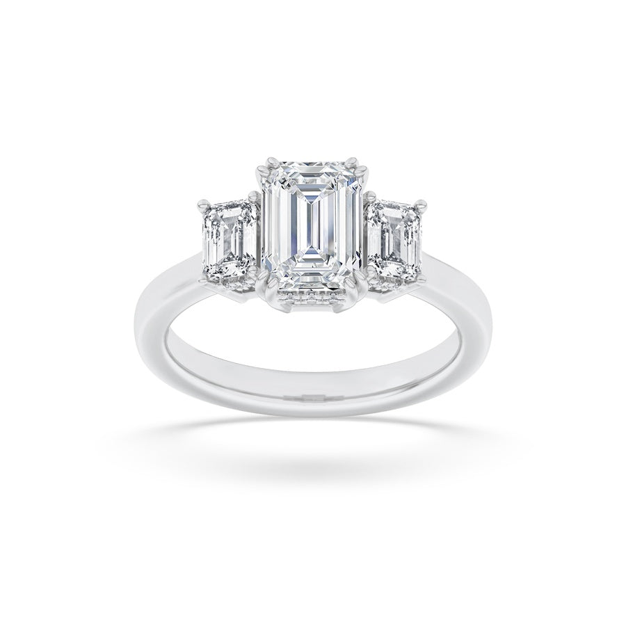 3CTW Emerald Shaped Lab Grown Diamond (F/VS) Three Stone Accented Ring in 14K Gold