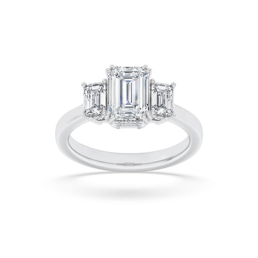 3CTW Emerald Shaped Lab Grown Diamond (F/VS) Three Stone Accented Ring in 14K Gold