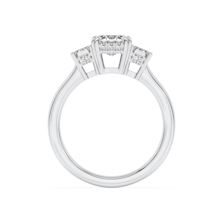 3CTW Emerald Shaped Lab Grown Diamond (F/VS) Three Stone Accented Ring in 14K Gold