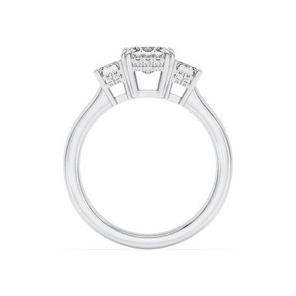 3CTW Emerald Shaped Lab Grown Diamond (F/VS) Three Stone Accented Ring in 14K Gold