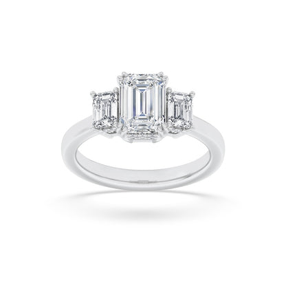 3CTW Emerald Shaped Lab Grown Diamond (F/VS) Three Stone Accented Ring in 14K Gold