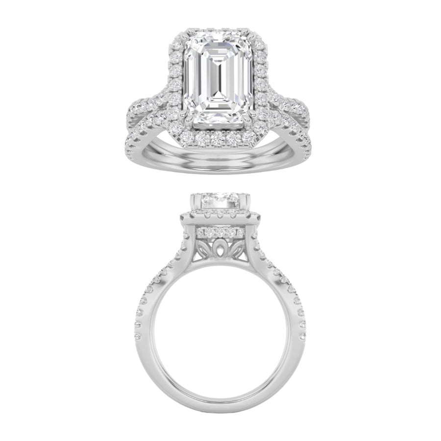 2CTW Emerald Shaped Lab Grown Diamond (F/VS) Split shank Accented Ring in 14K Gold