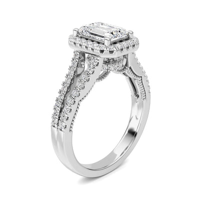 2CTW Emerald Shaped Lab Grown Diamond (F/VS) Split shank Accented Ring in 14K Gold